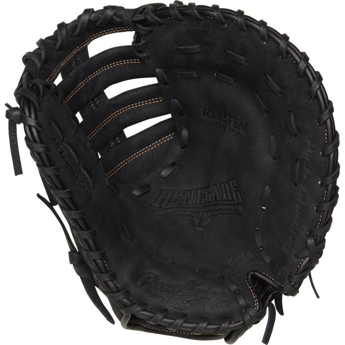 The Rawlings Renegade 11.5" Youth Baseball First Base Mitt (R115FBM) is a black leather glove with visible stitching and laces, shown from above to highlight the pocket and webbing.