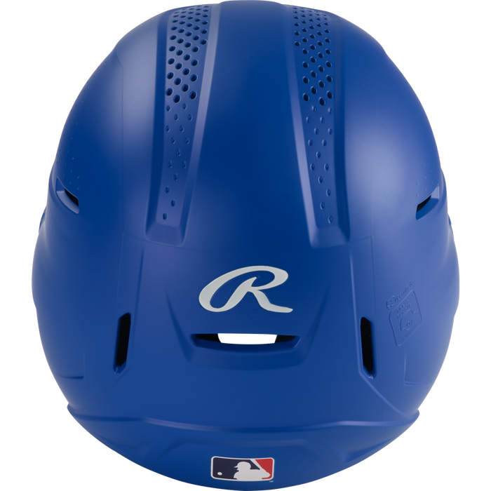A blue Rawlings RX2 Matte Batting Helmet (RX2MAT) seen from above, featuring ventilation holes, a silver Rawlings R logo, and a small MLB logo sticker near the bottom.
