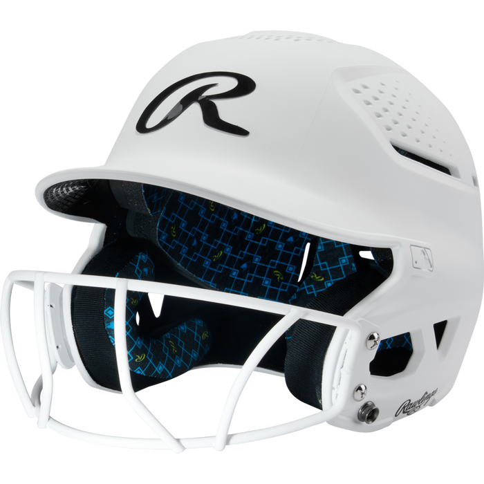 A white Rawlings RX2 Matte Batting Helmet (RX2SBMAT) with Fastpitch Mask, ventilation holes, black R logo on the front, and blue-patterned interior padding.
