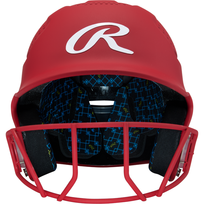A red Rawlings RX2 Matte Batting Helmet with Fastpitch Mask (RX2SBMAT) features a white R logo, black interior padding with a blue geometric pattern, and a matching red face guard for style and comfort.