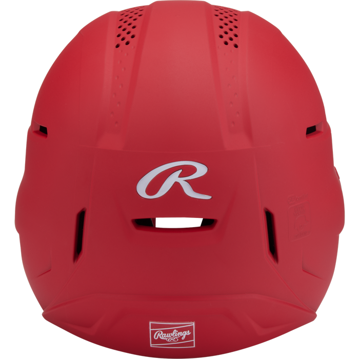 Front view of the Rawlings RX2 Matte Batting Helmet with Fastpitch Mask (RX2SBMAT), featuring ventilation holes, a white R logo, a rectangular center vent, and compatible with an optional softball face guard.