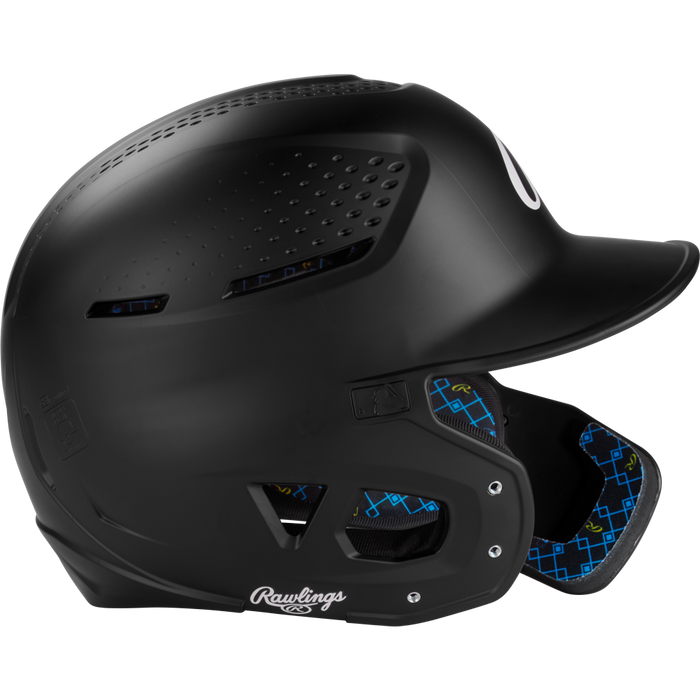 The Rawlings RX2 Reverse Matte Batting Helmet (RX2REVMAT) offers NOCSAE-certified protection, a reversible flap system for versatility, and a sleek matte black finish with blue accents.