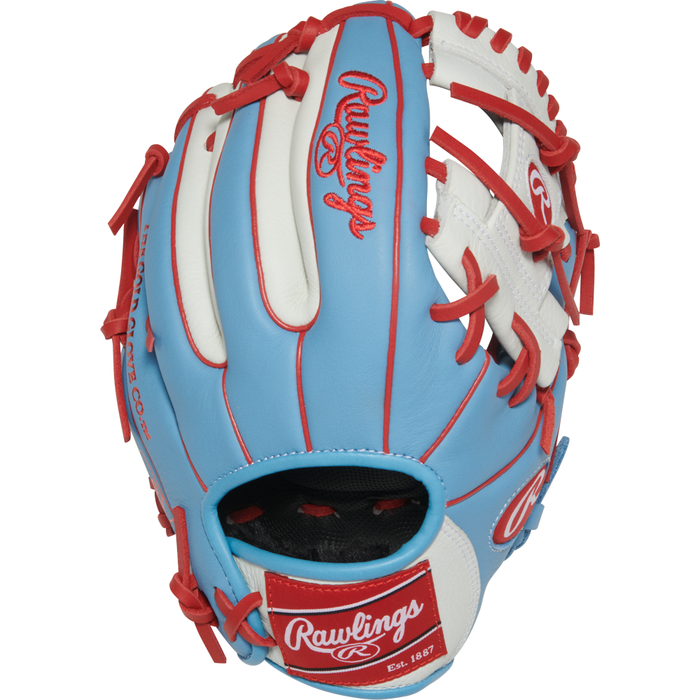 Inspired by the Carlos Correa youth baseball glove collection, the Rawlings Select Pro Lite 10.5″ SPL105CCCB is a blue youth baseball glove with red laces and white accents, featuring the Rawlings logo embroidered in red on both the thumb and wrist strap—perfect for young players who want performance and style.