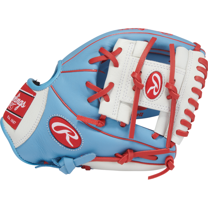 Showcased against a white background, the Rawlings Select Pro Lite 10.5″ Carlos Correa Baseball Glove (SPL105CCCB) features an eye-catching blue, white, and red color scheme with distinct Rawlings branding on the wrist and thumb. Designed for youth players, this glove blends vibrant style with a professional-grade build—perfect for aspiring athletes who want to play like their favorite pro.