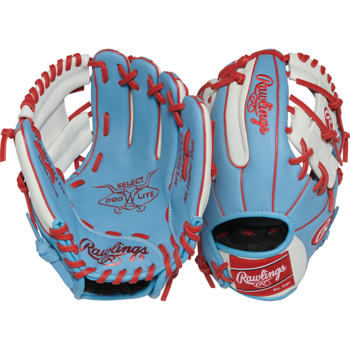 Two Rawlings Select Pro Lite 10.5″ Carlos Correa baseball gloves (model SPL105CCCB) in blue and white with red laces are displayed side by side—one showing the palm and the other revealing the back with its wrist strap. These youth gloves highlight Rawlings’ renowned craftsmanship, making them an outstanding option for aspiring players.