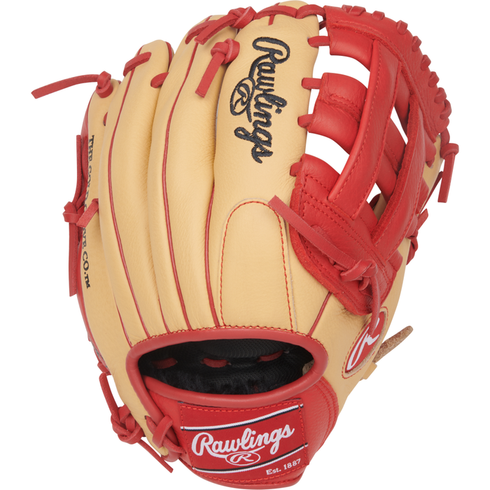 A Rawlings Select Pro Lite 11″ Corbin Carroll Baseball Glove (SPL110CC) featuring tan and red leather, black laces, and the Rawlings logo in black and white on the glove. This youth glove showcases bold red webbing and detailing for added style.