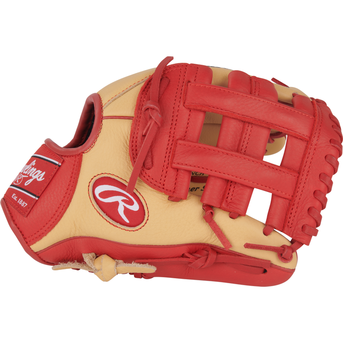 A tan and red Rawlings Select Pro Lite 11″ Corbin Carrol Baseball Glove (model SPL110CC) with an open web design, featuring the Rawlings logo on the thumb area and red lacing along the edges. Crafted for young players seeking quality and style.
