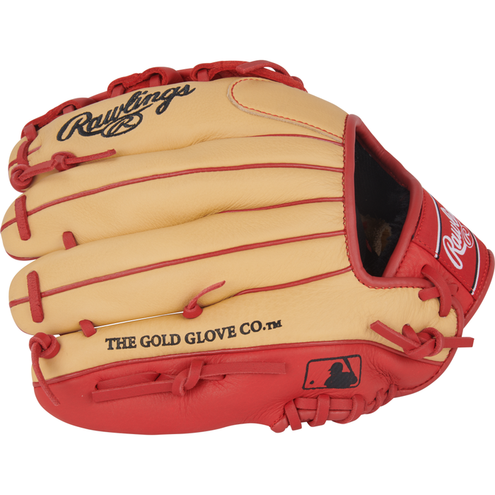 The Rawlings Select Pro Lite 11″ Corbin Carroll Baseball Glove (SPL110CC) features a tan and red design with “THE GOLD GLOVE CO.” and an MLB logo printed on it. The Rawlings brand name is displayed on the thumb and wrist straps, making this youth baseball glove both stylish and functional.