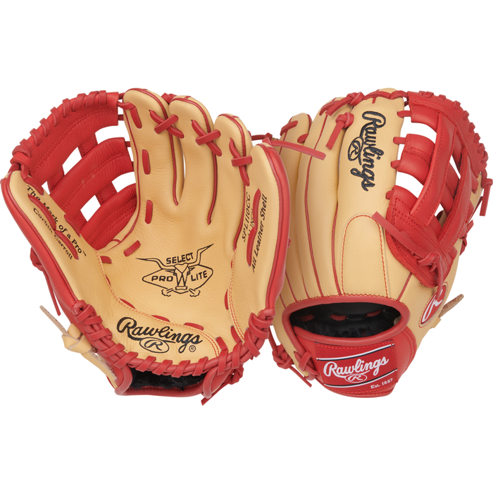 Two tan and red Rawlings Select Pro Lite 11″ Corbin Carroll baseball gloves (model SPL110CC) are featured: one displays the palm side with Select Pro Lite branding, highlighting its 11-inch fit tailored for young players; the other reveals the back with red laces and the distinctive Rawlings logo—making it a standout youth baseball glove choice from Rawlings.