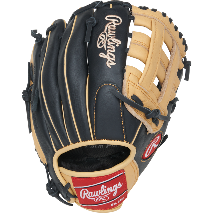 A Rawlings Select Pro Lite 11″ Fernando Tatis Jr. baseball glove (SPL110FTJ) featuring black and tan leather, prominent stitching, and a red Rawlings logo patch on the wrist strap, designed in collaboration with Fernando Tatis Jr.