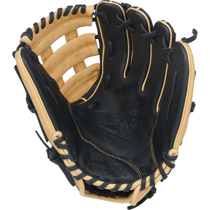 A black and tan Rawlings Select Pro Lite 11″ Fernando Tatis Jr. Baseball Glove (model SPL110FTJ), crafted from quality leather with prominent stitching and lacing, is displayed open to reveal its palm and webbing. Inspired by Fernando Tatis Jr., this Rawlings glove is designed as an ideal youth baseball glove for aspiring players.