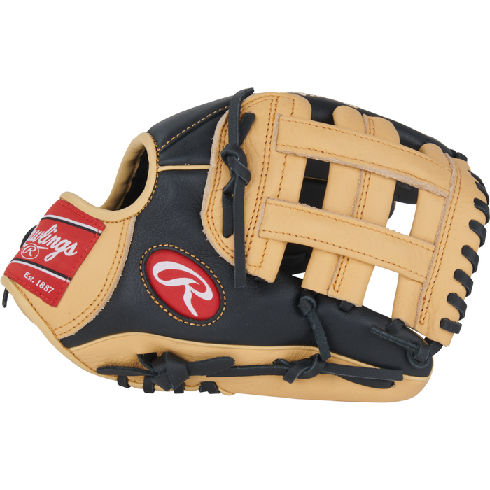 A Rawlings Select Pro Lite 11″ Fernando Tatis Jr. Baseball Glove (model SPL110FTJ) in tan and black, with a red Rawlings logo patch on the side, black laces, and tan webbing, is shown against a white background.