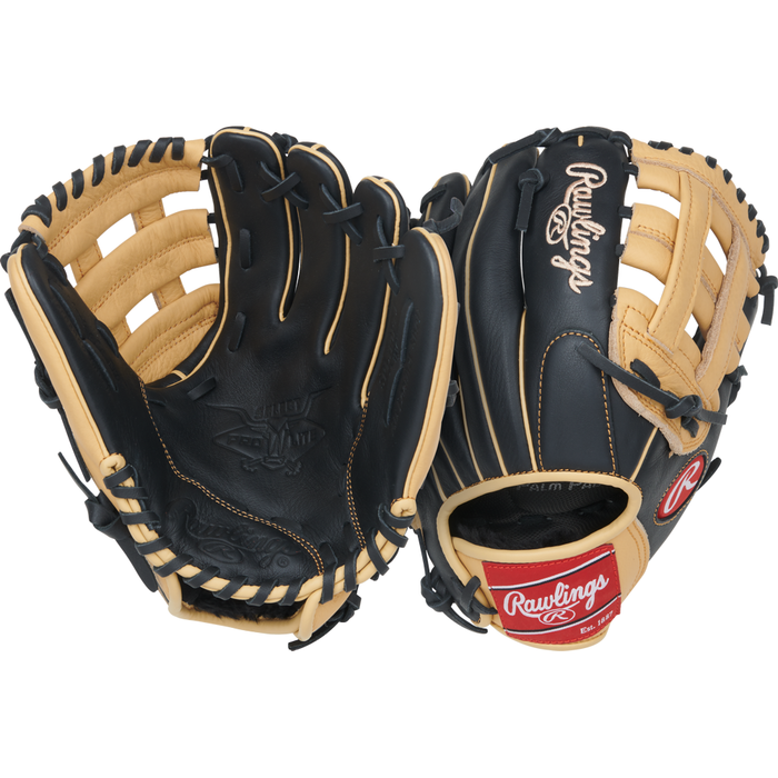 Two Rawlings Select Pro Lite 11″ Fernando Tatis Jr. baseball gloves by Rawlings, featuring a sleek black design with tan laces and accents, are displayed side by side. One glove shows the palm, while the other highlights the back with the iconic Rawlings logo visible—mirroring the style inspired by Fernando Tatis Jr. The SPL110FTJ youth baseball glove offers young players both standout looks and dependable performance to elevate their game.
