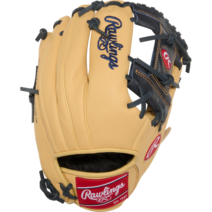 A tan and black Rawlings Select Pro Lite 11.25" Anthony Volpe youth glove (SPL112AV) with red and white logos, blue laces, and the Rawlings brand name embroidered in blue on the back.