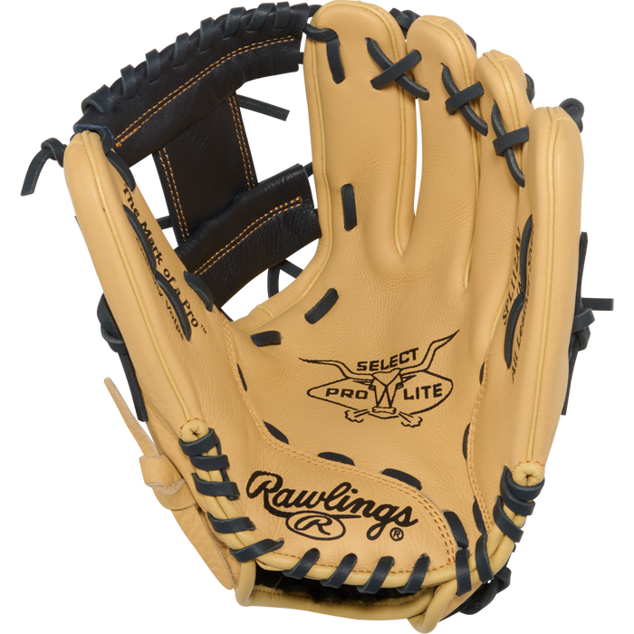 The Rawlings Select Pro Lite 11.25" Anthony Volpe Baseball Glove (SPL112AV) features tan and black leather, visible lacing, detailed stitching, and branded palm, shown open and designed for youth players.