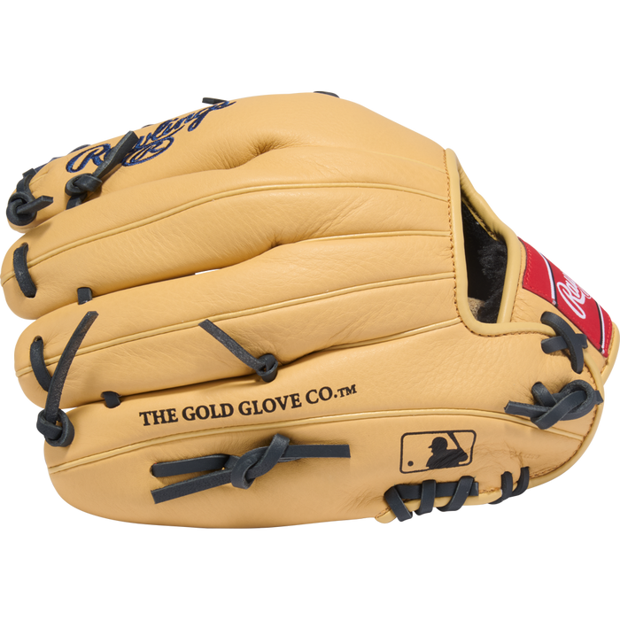 The Rawlings Select Pro Lite 11.25" Anthony Volpe Baseball Glove (SPL112AV) features a tan design with black laces, THE GOLD GLOVE CO. on the side, and the MLB logo near the wrist, inspired by Anthony Volpe’s style.