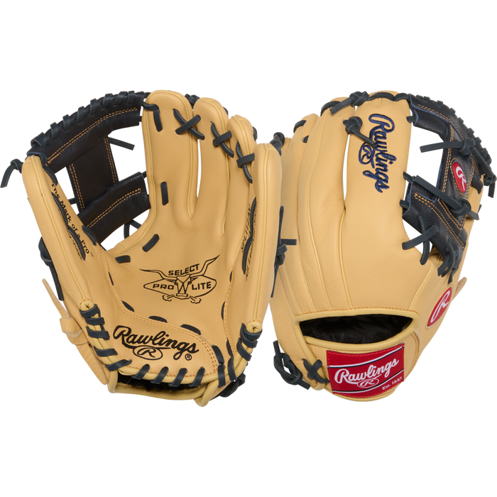 Two tan Rawlings Select Pro Lite 11.25" Anthony Volpe Baseball Gloves (SPL112AV) are shown: one displays the palm with “Select Pro Lite” branding, the other shows the back featuring an Anthony Volpe patch and Rawlings logo with black laces.