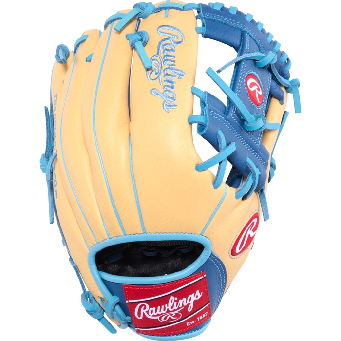 A Rawlings Select Pro Lite 11.25″ Brice Turang youth baseball glove (model SPL112BT) in tan and blue with red Rawlings logos and blue laces, displayed upright with the palm side facing away.