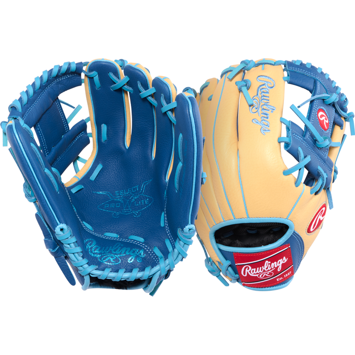 Two Rawlings Select Pro Lite 11.25″ Brice Turang Baseball Gloves (model SPL112BT) are pictured side by side, one showing the palm and the other featuring the back with a signature red Rawlings patch. Both gloves are highlighted with blue and tan colors along with blue lacing accents. As part of the dependable youth glove collection from Rawlings, these infield gloves are ideal for any aspiring young baseball player.