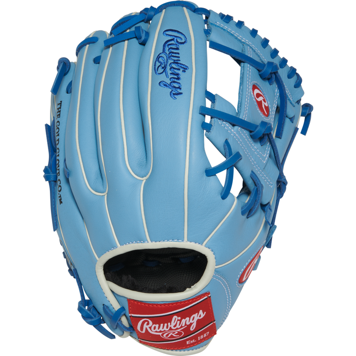 The Rawlings Select Pro Lite 11.5″ Bo Bichette Baseball Glove (SPL150BBCB) is a youth baseball glove in light blue, accented with white and dark blue stitching. It features the signature Rawlings logo on red and white patches along with embroidered text. Inspired by popular models like the Bo Bichette glove, this brand new Rawlings glove is displayed upright with its pocket visible.