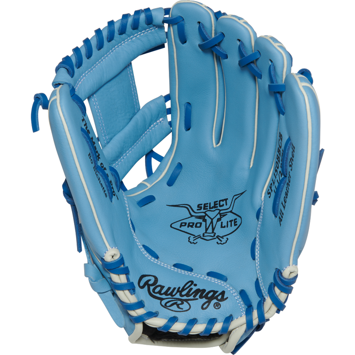 The Rawlings Select Pro Lite 11.5″ Bo Bichette Baseball Glove (SPL150BBCB) features a light blue design with white and blue lacing, along with the Select Pro Lite logo and All Star text printed in dark blue on the palm—ideal for young players who want a high-quality youth baseball glove just like Bo Bichette’s.