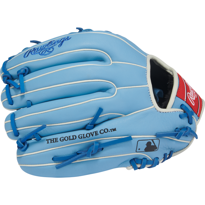 A Rawlings Select Pro Lite 11.5″ Bo Bichette Baseball Glove (SPL150BBCB) in sky blue, inspired by Bo Bichette and crafted as a premium youth glove. It features blue laces, white trim, and red Rawlings logos, with “THE GOLD GLOVE CO.” text and a small MLB logo on the thumb area.