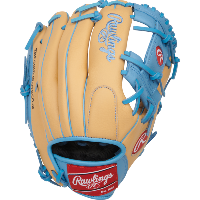The Rawlings Select Pro Lite 11.5″ Francisco Lindor Baseball Glove (SPL150FLC) features a tan and light blue design with red and white Rawlings logos, a black interior, and blue lacing around the edges—just like the glove used by Francisco Lindor.