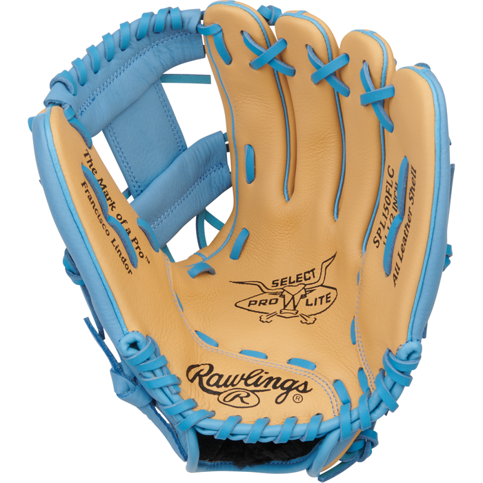 A tan and blue Rawlings Select Pro Lite 11.5″ Francisco Lindor Baseball Glove (model SPL150FLC) features SELECT PRO LITE and All Leather Shell printed inside the palm. This youth infield glove showcases blue lacing and a Rawlings logo at the base, inspired by Francisco Lindor’s series.