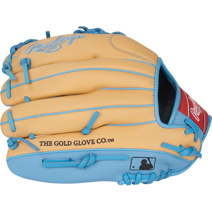 A tan Rawlings Select Pro Lite 11.5″ Francisco Lindor Baseball Glove (SPL150FLC) with light blue laces and trim, and a red patch. Modeled after Francisco Lindor’s glove, this youth infield baseball glove displays “THE GOLD GLOVE CO.” and the MLB logo printed in black.