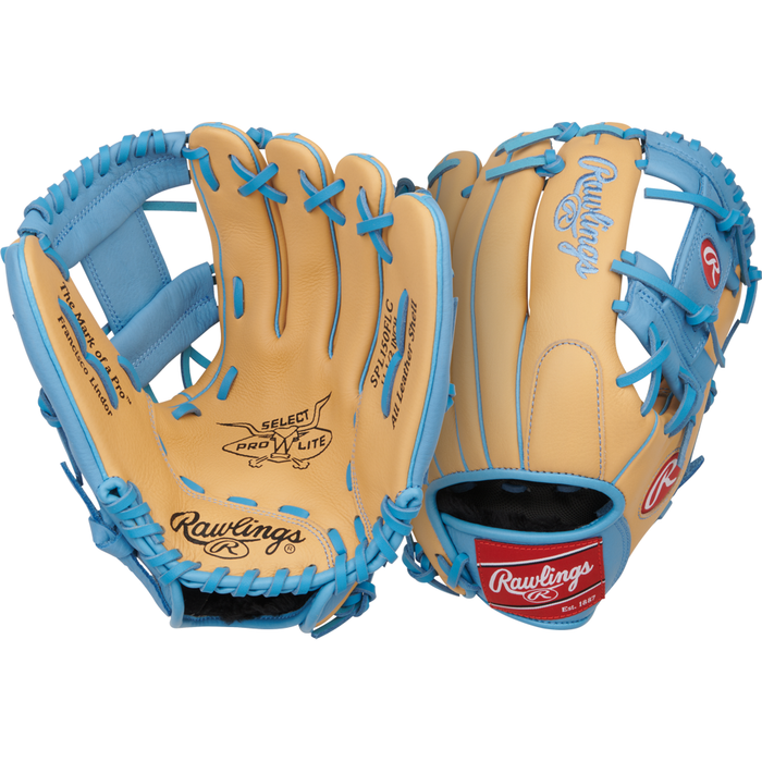 A pair of tan Rawlings Select Pro Lite 11.5″ Francisco Lindor Baseball Gloves (model SPL150FLC) are displayed side by side, each featuring blue laces and trim—one reveals the palm while the other shows the back with prominent Rawlings logos and a signature red patch. Modeled after Francisco Lindor’s glove series, these youth infield gloves deliver both style and performance for aspiring players.