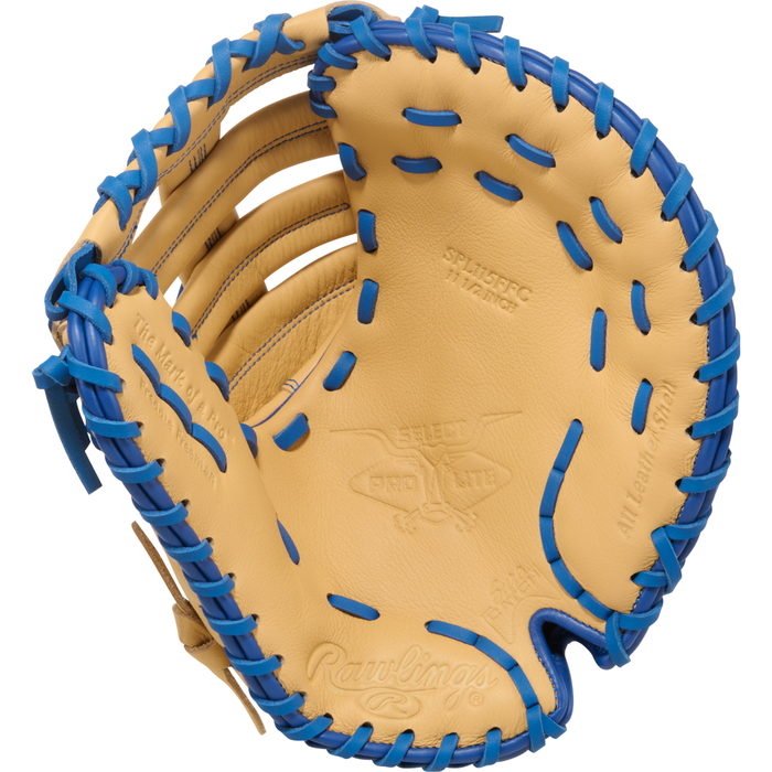 The Rawlings Select Pro Lite 11.5″ Freddie Freeman Baseball First Base Mitt (SPL115FFC), designed for young players, is shown from the front, highlighting its tan leather construction with blue laces and detailed pocket and webbing.