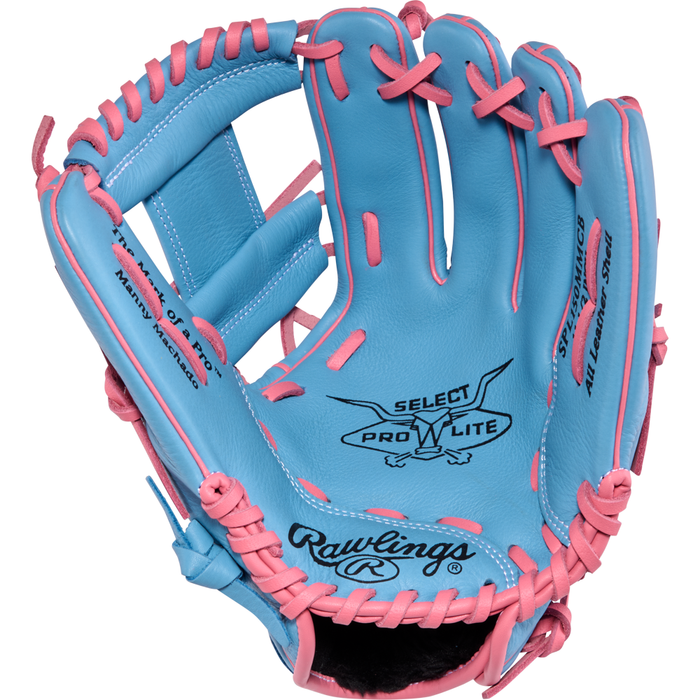 A light blue Rawlings Select Pro Lite 11.5″ Manny Machado youth infield glove (model SPL150MMCB) with pink laces, featuring Select Pro Lite and Rawlings logos on the palm, designed in the style of Manny Machado’s glove.