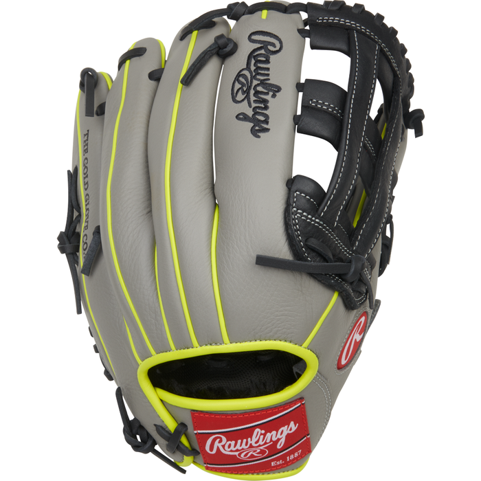 The Rawlings Select Pro Lite 12″ Aaron Judge Baseball Glove (SPL120AJG) features a gray design with neon yellow accents, black lacing, and a signature red Rawlings patch on the wrist. Modeled after Aaron Judge’s popular glove, this youth baseball glove showcases The Gold Glove Co. and Rawlings logos for authentic style and top-tier performance.