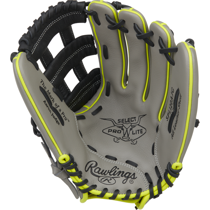 A Rawlings Select Pro Lite 12″ Aaron Judge Baseball Glove (SPL120AJG) in gray and black with yellow accents, featuring “Select Pro Lite” and “The Mark of a Pro” printed on the palm, is displayed against a white background. This youth baseball glove by Rawlings is modeled after Aaron Judge’s popular design.