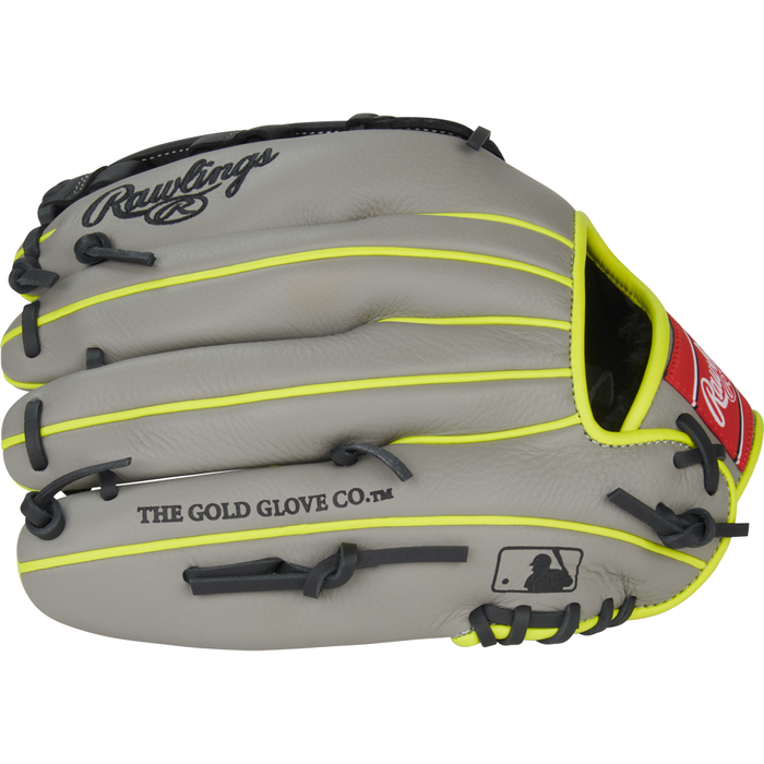 Introducing the Rawlings Select Pro Lite 12″ Aaron Judge Baseball Glove (SPL120AJG) — a youth glove in gray with yellow accents, black lacing, and a signature red Rawlings patch. Modeled after pro-level designs like Aaron Judge’s own glove, it features “THE GOLD GLOVE CO.” and the Major League Baseball logo on the thumb area.