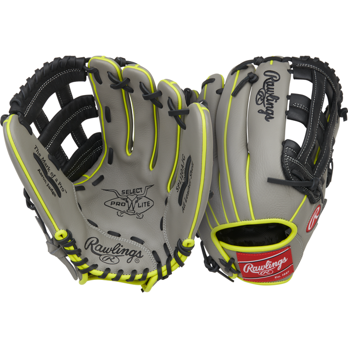 Two Rawlings Select Pro Lite 12″ Aaron Judge baseball gloves are displayed in gray with neon yellow laces and black accents, one showing the palm side and the other the back. Both gloves feature visible Rawlings and Select Pro Lite branding, making them an ideal option for young players looking for an Aaron Judge-inspired glove style.