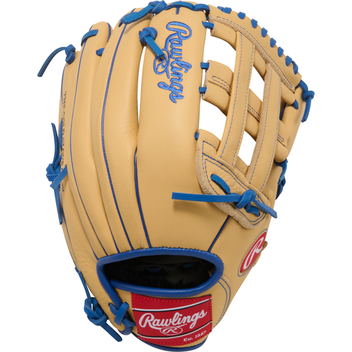 A tan Rawlings Select Pro Lite 12″ Bryce Harper youth baseball glove (model SPL120BHCR), detailed with blue laces and stitching, a red Rawlings patch near the wrist opening, and a webbed design between the thumb and index finger.