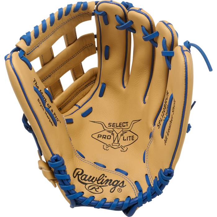 A tan leather Rawlings Select Pro Lite 12″ Bryce Harper Baseball Glove (model SPL120BHCR) featuring blue laces, with the Select Pro Lite logo and “All Leather Shell” printed on the palm—this stylish youth glove by Rawlings is inspired by Bryce Harper’s signature design.