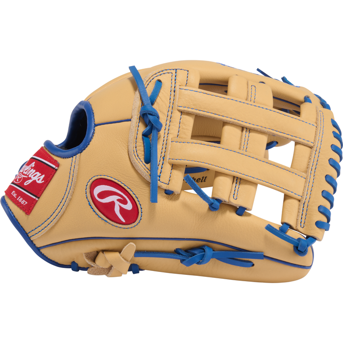 Introducing the Rawlings Select Pro Lite 12″ Bryce Harper Baseball Glove (SPL120BHCR) from Rawlings—this tan youth glove showcases bold blue laces and trim, a signature red Rawlings patch on the side, and a large webbing pattern, crafted especially for up-and-coming players seeking quality inspiration from Bryce Harper.