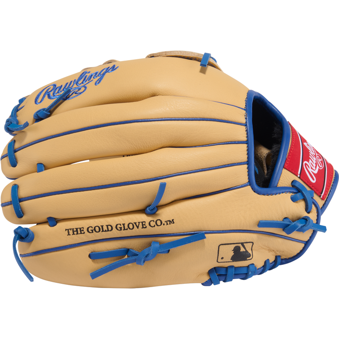 A tan Rawlings Select Pro Lite 12″ Bryce Harper baseball glove (SPL120BHCR) features blue laces, blue logo embroidery, a red Rawlings patch, The Gold Glove Co. and MLB logos near the thumb—designed in the popular Bryce Harper style.