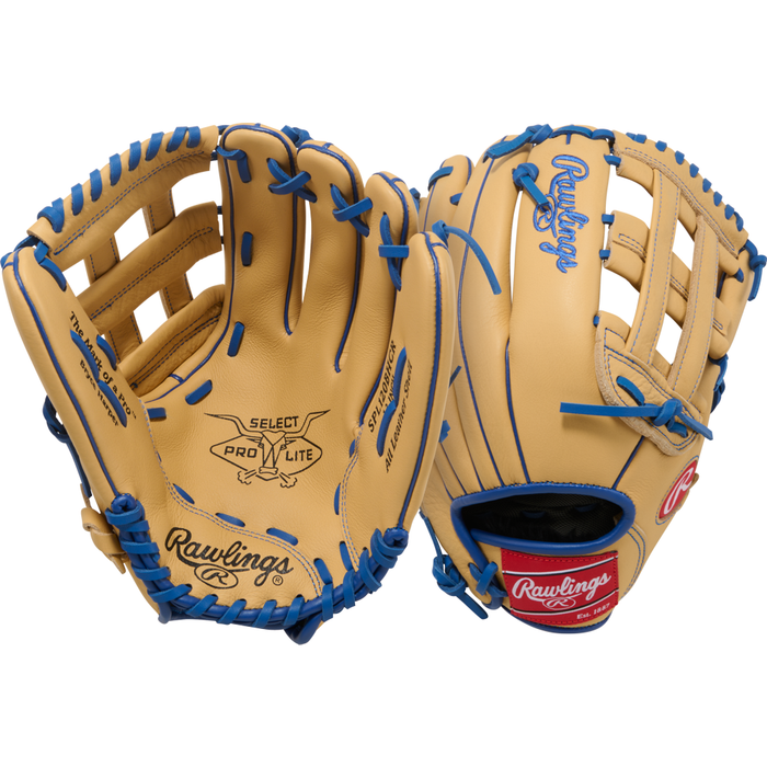 Two tan Rawlings Select Pro Lite 12″ Bryce Harper baseball gloves (SPL120BHCR) with blue laces are shown—one facing palm-up and the other palm-down—displaying the Select Pro Lite and Rawlings logos. This youth glove from Rawlings is modeled after Bryce Harper’s professional glove, offering young players an authentic look and feel on the field.
