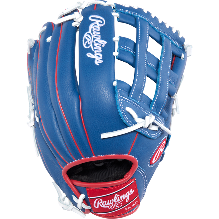 The Rawlings Select Pro Lite 12″ Roman Anthony Baseball Glove (SPL120RAR) features a striking blue design with white laces, red trim, and the Rawlings logo displayed prominently on both the wrist strap and thumb—making it an excellent youth baseball glove for aspiring players.