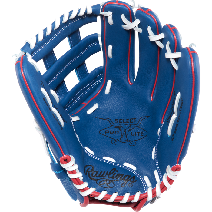 A Rawlings Select Pro Lite 12″ Roman Anthony youth baseball glove featuring a blue design with white laces, red accents, and “Select Pro Lite” along with “Rawlings” printed on the palm. This versatile glove is perfect for young players who want both performance and style.
