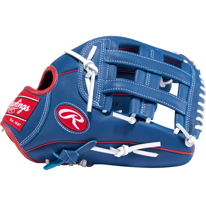 A blue Rawlings Select Pro Lite 12″ Roman Anthony Baseball Glove (SPL120RAR) with white laces, red accents, and the Rawlings logo on the side. This youth utility glove from Rawlings is ideal for young players who want both quality and style on the field.