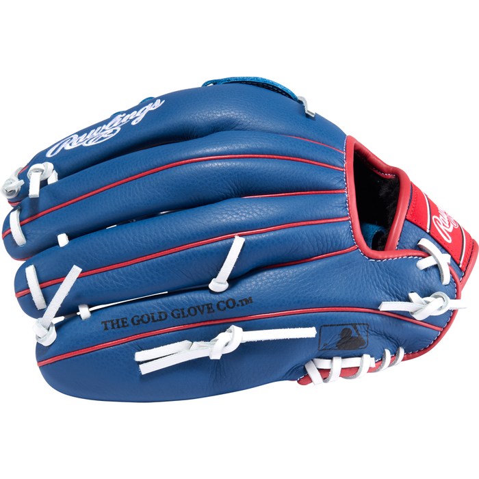 A blue Rawlings Select Pro Lite 12″ Roman Anthony youth baseball glove with red and white accents lies palm down, featuring “THE GOLD GLOVE CO.” printed on the side—perfect for aspiring young players seeking a quality utility glove.