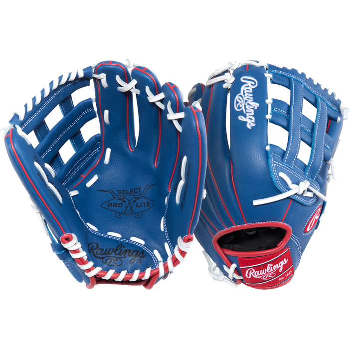 Two blue Rawlings Select Pro Lite 12″ Roman Anthony Baseball Gloves (model SPL120RAR) with white laces and red accents are shown front and back. The gloves display the Select Pro Lite branding in white on the leather, making them ideal 12-inch utility gloves for young players from Rawlings.