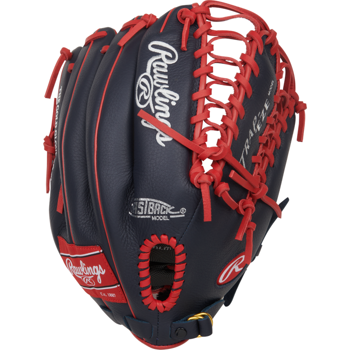 A Rawlings Select Pro Lite 12.25" Mike Trout youth baseball glove (model SPL1225MTN) in navy blue with red laces and white logos is displayed upright on a plain white background.