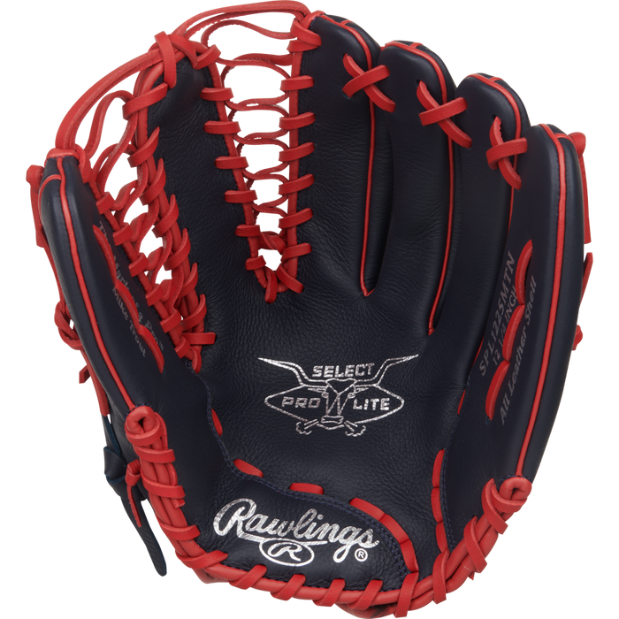 A black Rawlings Select Pro Lite 12.25" Mike Trout youth baseball glove with red laces and trim, featuring the Rawlings logo and Select Pro Lite printed in white on the palm.
