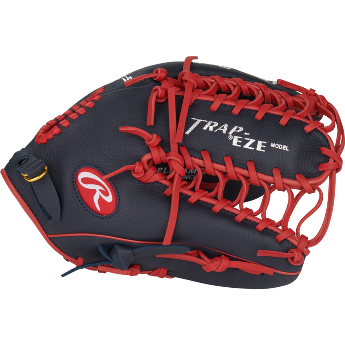 The Rawlings Select Pro Lite 12.25" Mike Trout Baseball Glove (SPL1225MTN) features a navy design with red laces and TRAP-EZE MODEL in white on the web, inspired by Mike Trout, shown against a white background.