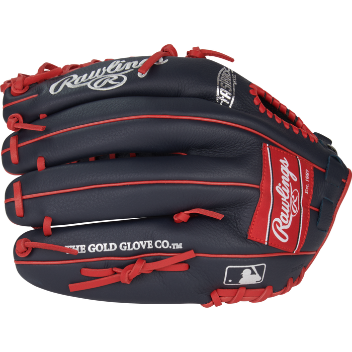 The Rawlings Select Pro Lite 12.25" Mike Trout Baseball Glove (SPL1225MTN) features navy blue and red colors with red laces, the Rawlings logo, THE GOLD GLOVE CO. text, and an MLB logo patch on the wrist—just like Mike Trout's glove.